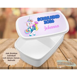 Personalisierte Brotzeitdose / Lunchbox „Schulkind Einhorn“ mit Namen –Brotdose mit Unterteilung, verschiedene Farben pink