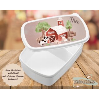 Personalisierte Brotzeitdose / Lunchbox „Bauernhof“ mit Namen –Brotdose mit Unterteilung, verschiedene Farben weiss