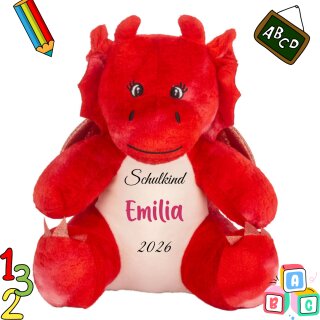 Personalisierter Kuscheldrache „Schulkind“ mit Namen & Einschulungsjahr – Kuscheltier zur Einschulung, ca. 26 cm