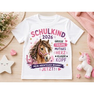 Kinder T-Shirt „Schulkind 2026 – Mein Abenteuer beginnt jetzt!“ mit Pferd