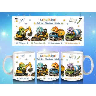 Schulkind Tasse Dino Baustelle – Auf ins Abenteuer Schule | Geschenk zur Einschulung für kleine Baustellenfans