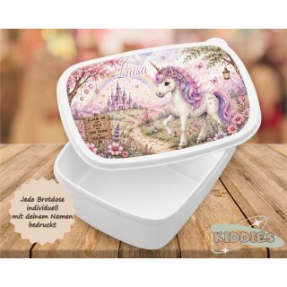Personalisierte Brotzeitdose „Einhorn – Glaub an dich und deine Träume“ mit Namen – Lunchbox für Kinder weiss