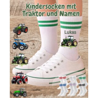 Personalisierte Kindersocken mit Traktor & Namen – Bio-Baumwolle – verschiedene Traktormotive & Farben