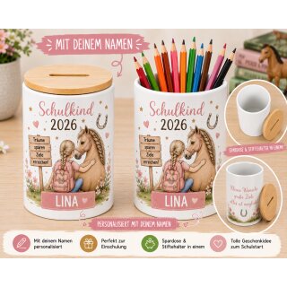 Personalisierte Spardose & Stiftehalter Pferd – Schulkind | Geschenk zur Einschulung mit Namen