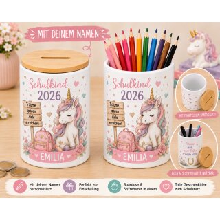 Personalisierte Spardose & Stiftehalter Einhorn – Schulkind | Geschenk zur Einschulung mit Namen