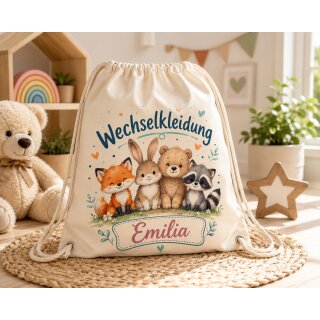 Personalisierter Turnbeutel Waldtiere mit Name – Wechselkleidung | Canvas-Look Natur