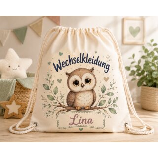 Personalisierter Turnbeutel Eule mit Name – Wechselkleidung | Canvas-Look Natur