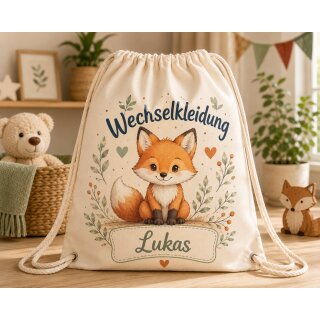 Personalisierter Turnbeutel Fuchs mit Name – Wechselkleidung | Canvas-Look Natur