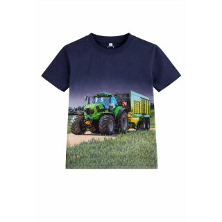 S&C Kinder T-Shirt H611 – Dunkelblaues Kinder-Shirt mit großem Deutz-Fahr Traktor-Motiv und Silagewagen