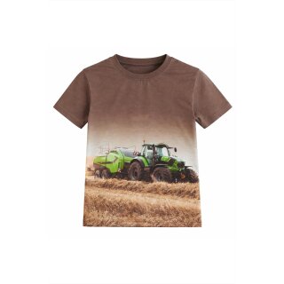 S&C Kinder T-Shirt H612 – Braunes Kinder-Shirt mit großem Deutz-Fahr Traktor-Motiv und Rundballenpresse
