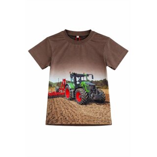 S&C Kinder T-Shirt H603 – Braunes Kinder-Shirt mit großem Fendt Traktor und Bodenbearbeitungsgerät
