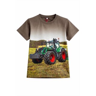 S&C Kinder T-Shirt H605 – Braunes Kinder-Shirt mit großem Fendt Traktor auf dem Feld