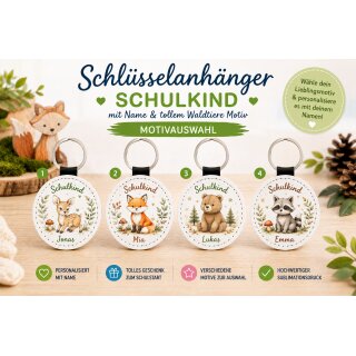 Personalisierter Schlüsselanhänger Schulkind Waldtiere mit Wunschname aus Kunstleder – Geschenk zur Einschulung 2 Fuchs