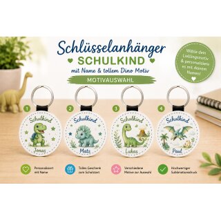 Personalisierter Schlüsselanhänger Schulkind Dino mit Wunschname aus Kunstleder – Geschenk zur Einschulung 4