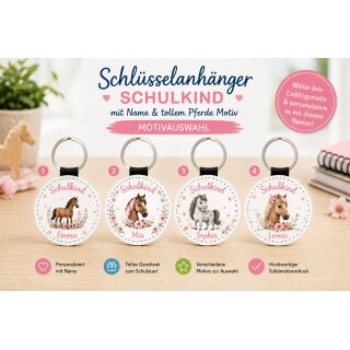 Personalisierter Schlüsselanhänger Schulkind Pferde mit Wunschname aus Kunstleder – Geschenk zur Einschulung