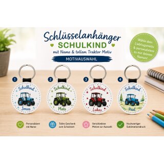 Personalisierter Schlüsselanhänger Schulkind Traktor mit Wunschname aus Kunstleder – Geschenk zur Einschulung