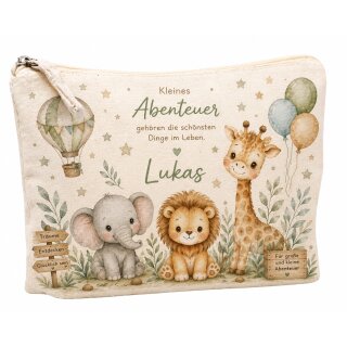 Kulturbeutel Safari mit Name – Kosmetiktasche, Stiftemäppchen & Krimskrambeutel im Leinen-Look
