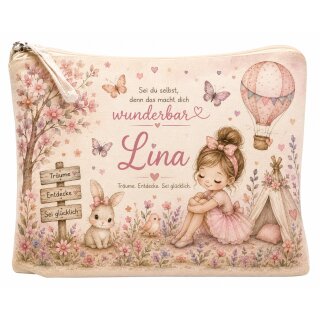Personalisierter Kulturbeutel Mädchen mit Name – Blumen, Hase & Heißluftballon | Kosmetiktasche im Leinen-Look
