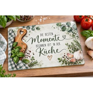 Glasschneidebrett „Die besten Momente beginnen oft in der Küche“ – Frühstücksbrettchen aus Glas 20 × 28,5 cm