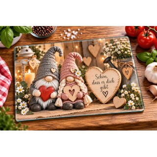 Glasschneidebrett „Schön, dass es dich gibt“ – Wichtelpaar mit Herzen | Geschenk für Lieblingsmenschen | 20 × 28,5 cm