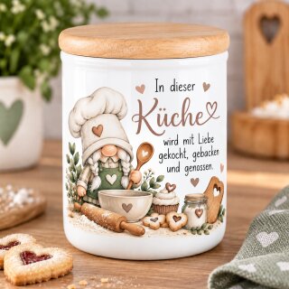 Keramikdose mit Holzdeckel „In dieser Küche…“ – Wichtel Vorratsdose