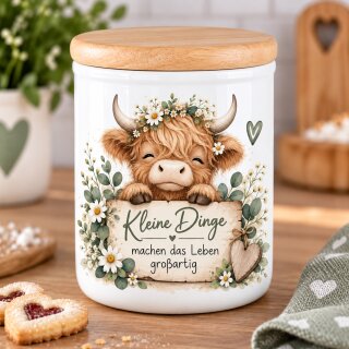 Keramikdose mit Holzdeckel „Kleine Dinge machen das Leben großartig“ – Highland Kuh