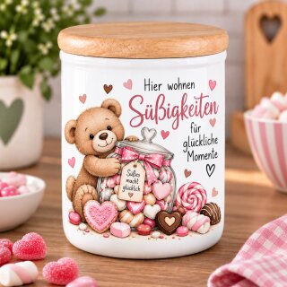 Keramikdose mit Holzdeckel „Hier wohnen Süßigkeiten für glückliche Momente“ – Teddy