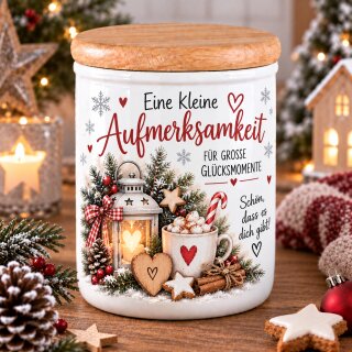 Keramikdose mit Holzdeckel „Eine kleine Aufmerksamkeit für große Glücksmomente“ – Winter