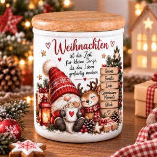 Keramikdose mit Holzdeckel „Weihnachten ist die Zeit für kleine Dinge“ – Wichtel & Rentier