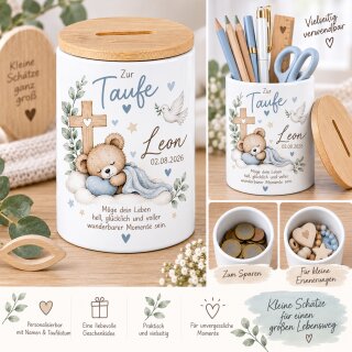 Personalisierte Spardose zur Taufe Teddybär – mit Name & Taufdatum | Taufgeschenk & Geldgeschenk