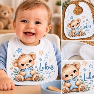 Personalisiertes Babylätzchen mit Namen – Teddybär mit Stern – Klettverschluss