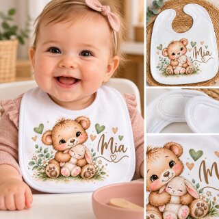 Personalisiertes Babylätzchen mit Namen – Teddybär & Häschen – Klettverschluss