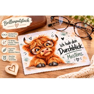 Brillenputztuch Highland Kuh „Ich hab den Durchblick. Meistens.“ – Lustiges Mikrofaser Reinigungstuch