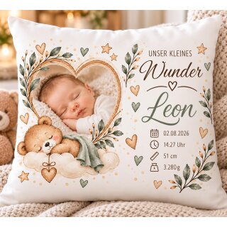 Personalisiertes Geburtskissen mit Foto & Geburtsdaten – Unser kleines Wunder – Baby Erinnerungskissen 40x40 cm