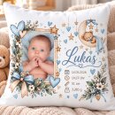 Personalisiertes Babykissen mit Foto & Geburtsdaten – Kuschelkissen zur Geburt mit Name – Rosa oder Blau – 40x40 cm