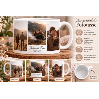 Personalisierte Fototasse mit 3 eigenen Fotos & Wunschtext – Keramiktasse 330 ml