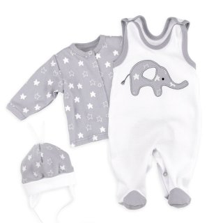 Baby Sweets Set Strampler Shirt und M&uuml;tze Little Elephant wei&szlig;-grau